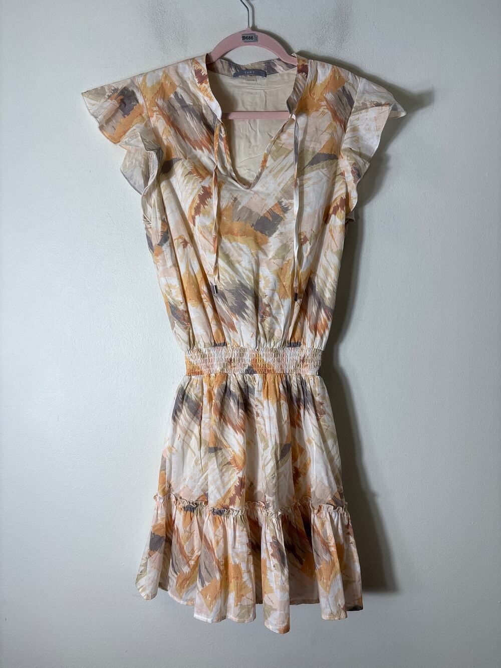 Tart Yellow Brush Stroke Flutter Sleeve Mini Dress Sz S